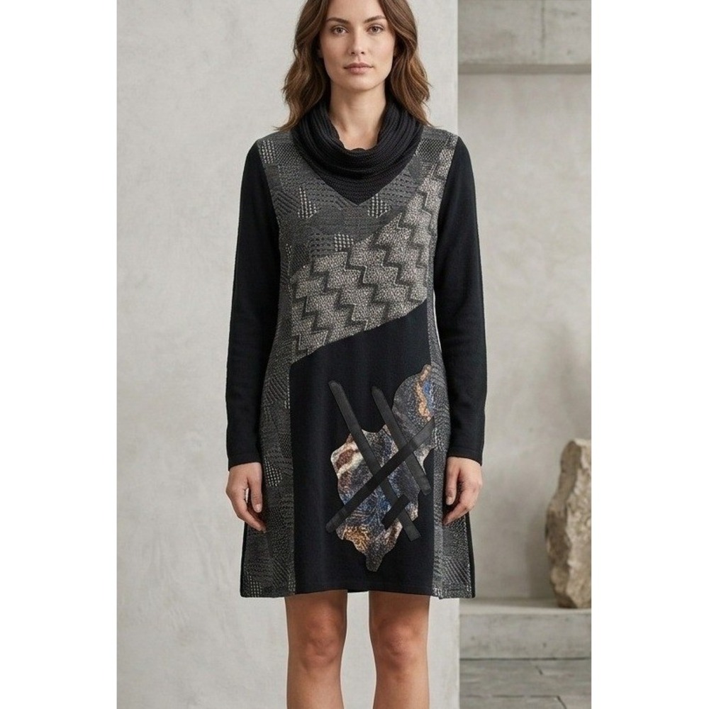 Adore Sweater Dress Womens Size L Gray Black Patchwork Cowl Neck Mixed Media